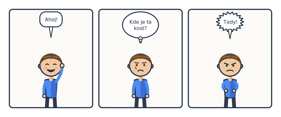 Three panels: a speech bubble, a thought bubble, a shout burst