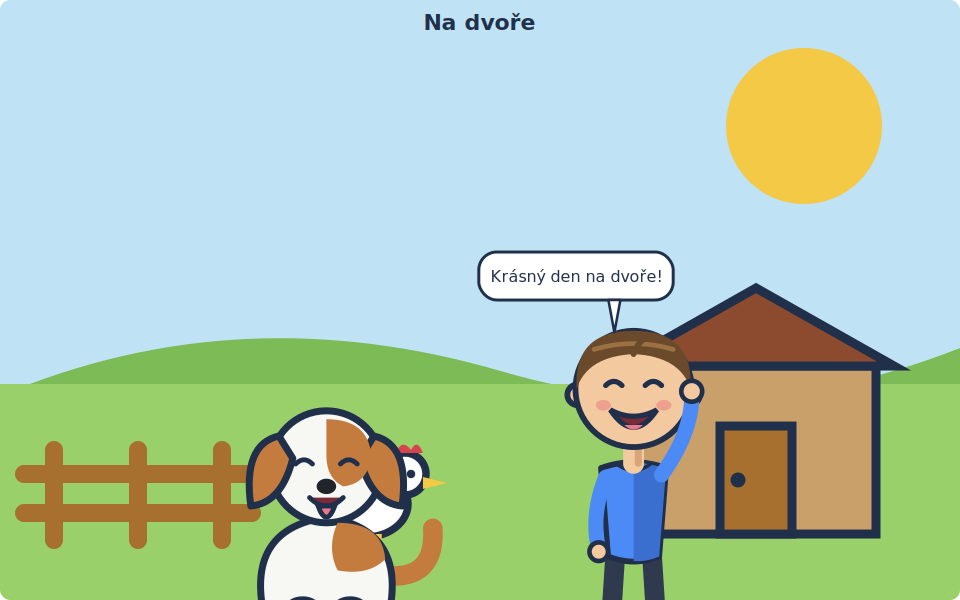 A wide farmyard illustration with Tom waving and Bára beside him