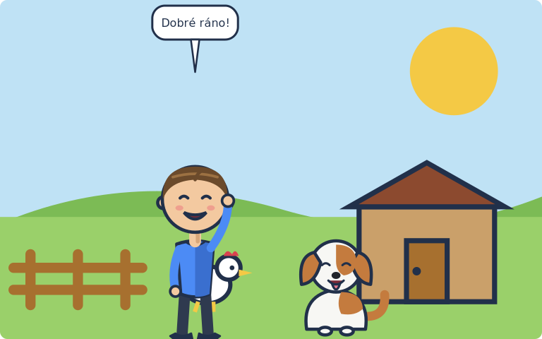 A farmyard illustration filling the whole canvas, with two characters and a speech bubble