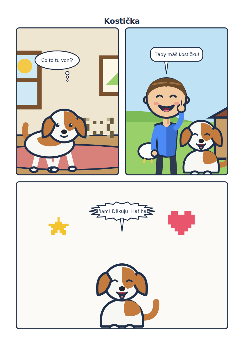 A three-panel page with illustrated backgrounds