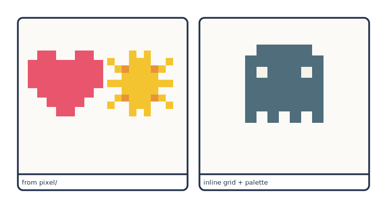 Two panels: a heart and a sun from the library, and an inline sprite