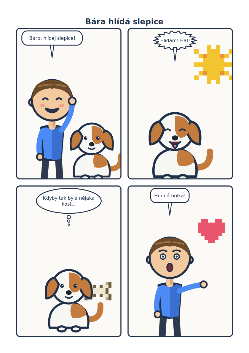 A four-panel A4 comic page: Tom asks Bára to watch the chickens